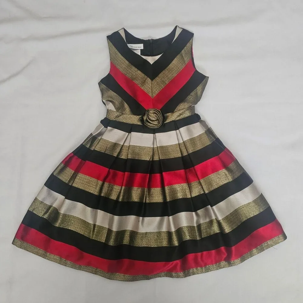 Bonnie Jean Metallic Stripe Gold Sash Bow Waist Sleeveless Party Dress Size 8 - Picture 4 of 11